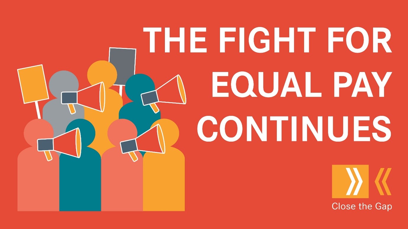 Infographic featuring a dark orange background, On the left, a group of people holding megaphones and placards. On the right, bold capital letters state, 'THE FIGHT FOR EQUAL PAY CONTINUES." The 'Close the Gap' logo is displayed in the bottom right corner.